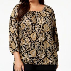 MICHAEL Michael Kors Paisley Bohemian Peasant Top in Black/Tan Women’s XL